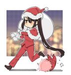  1girl 2girls black_hair boots brown_eyes christmas closed_mouth female_admiral_(kancolle) gloves hat higaragi high_heel_boots high_heels highres holding holding_sack kantai_collection long_hair long_sleeves multiple_girls nachi_(kancolle) pants pink_hair red_pants sack santa_costume santa_hat side_ponytail sweat very_long_hair white_gloves 