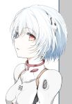  1girl absurdres ayanami_rei blue_hair bodysuit breasts from_side highres interface_headset light_blue_hair looking_at_viewer neon_genesis_evangelion parted_lips pilot_suit plugsuit red_eyes shimoda_masaya short_hair small_breasts solo upper_body white_background white_bodysuit 