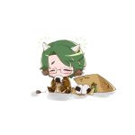  1boy animal_ears blush brown_coat brown_gloves closed_eyes coat cow_boy cow_ears cow_horns cow_tail dongrang_(project_moon) e.g.o_(project_moon) eating food gloves green_hair hat horns limbus_company onigiri project_moon simple_background sitting solo tail uchimura_(rino0525) white_background 