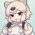  1girl :3 an-chan_(ananna0315) animal_ears bear_ears bear_girl black_gloves black_hair coat fang fur_collar fur_trim gloves hair_between_eyes highres kemono_friends long_sleeves looking_at_viewer multicolored_hair open_mouth orange_eyes polar_bear_(kemono_friends) short_hair sidelocks smile solo two-tone_gloves two-tone_hair upper_body white_coat white_fur white_gloves white_hair winter_clothes winter_coat 