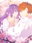 1boy 1girl branch cherry_blossoms closed_mouth day emiya_shirou fate/stay_night fate_(series) hair_ribbon hand_on_another&#039;s_chin hetero highres kamigokuin long_hair long_sleeves looking_at_another matou_sakura orange_eyes orange_hair outdoors parted_lips purple_hair red_ribbon ribbon shirt short_hair short_sleeves smile violet_eyes white_shirt