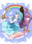  1girl :p barefoot blue_background blue_dress blue_hair cityscape clouds cloudy_sky commission dress frog happy holding holding_umbrella rainbow short_hair skeb_commission sky snail solo tatara_kogasa tongue tongue_out torii toromi_(toromix2) touhou umbrella water_drop webp-to-png_conversion 