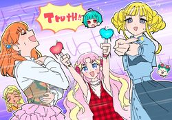  5girls :d arms_up blonde_hair blue_dress blue_eyes blue_hair blunt_bangs braid cat_hair_ornament chibi chibi_inset chimumu chimumu_(hamster) closed_eyes commentary_request double_bun dress eyewear_on_head hair_bun hair_ornament hamster hibino_matsuri holding_glowstick jennifer_sumire_sol kokoa_remon long_hair looking_at_viewer multicolored_hair multiple_girls omega_auru open_mouth orange_hair oshiri_(o4ritarou) patano_(waccha_primagi) pink-tinted_eyewear pink_skirt plaid plaid_dress pretty_series profile purple_background red_dress shirt short_hair side_braid sidelocks skirt smile streaked_hair sunglasses tinted_eyewear translation_request v-shaped_eyebrows very_long_hair waccha_primagi! white-framed_eyewear white_shirt 