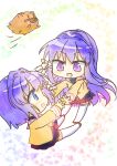  2girls :d absurdres blazer blue_eyes blush botan_(clannad) chibi clannad commentary_request eye_contact fujibayashi_kyou fujibayashi_ryou hair_between_eyes hair_intakes hair_ribbon happy highres hikarizaka_private_high_school_uniform jacket long_hair looking_at_another miniskirt multicolored_background multiple_girls open_mouth outstretched_arms pleated_skirt pmpm_168 purple_hair reaching_towards_another ribbon sailor_collar school_uniform short_hair siblings simple_background sisters skirt smile thigh-highs tress_ribbon twins violet_eyes white_ribbon white_sailor_collar white_thighhighs yellow_jacket zettai_ryouiki 