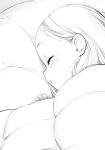  1girl close-up closed_eyes greyscale highres long_hair lying monochrome on_side original parted_lips pillow ryo_chimo sketch sleeping solo under_covers 
