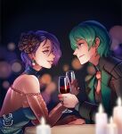  1boy 1girl alcohol alternate_costume aqua_dress black_suit blue_eyes byleth_(fire_emblem) byleth_(male)_(fire_emblem) closed_mouth commentary commission cup dress earrings english_commentary enlightened_byleth_(male) fire_emblem fire_emblem:_three_houses flower formal from_side glass green_hair hair_flower hair_ornament hakuramen highres holding holding_cup holding_hands jewelry lips long_sleeves looking_at_another necktie parted_lips pink_lips pink_necktie profile purple_hair ring shamir_nevrand smile strapless strapless_dress suit violet_eyes wedding_ring 