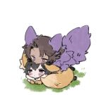  2boys animal_ears black_eyes black_hair blush brown_hair chibi coat fox_ears fox_tail heathcliff_(project_moon) licking limbus_company multiple_boys project_moon purple_coat tail tongue tongue_out uchimura_(rino0525) violet_eyes white_coat wolf_ears wolf_tail yi_sang_(project_moon) 