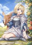  1girl armor bird blonde_hair blue_eyes brown_dust_2 chest_armor cloak clouds cobblestone deer fang flower gloves greaves highres hill justia_(brown_dust) petting rabbit rainbow seiza short_hair sitting small_horns tree vambraces yougen_kitsune 