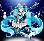  1girl :3 absurdres argyle_thighhighs arm_up asymmetrical_legwear blue_eyes blue_hair blush bow bowtie breasts diamond_facial_mark dress facial_mark full_body gloves hair_ornament hat hatsune_miku highres holding holding_wand layered_dress long_hair magical_mirai_miku magical_mirai_miku_(2019) masumofu microphone mini_hat mini_top_hat mismatched_legwear one_eye_closed sleeveless sleeveless_dress small_breasts smile solo star_(symbol) thigh-highs top_hat traditional_bowtie tutu very_long_hair vocaloid wand wrist_cuffs 