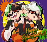  2girls :o ;d bare_shoulders black_gloves black_pantyhose bow-shaped_hair breasts callie_(splatoon) closed_mouth cousins cross-shaped_pupils detached_collar dress drop_shadow earrings facepaint fangs food food_on_head gloves gradient_hair grey_hair jewelry jumpsuit long_hair marie_(splatoon) mole mole_under_eye multicolored_hair multiple_girls object_on_head official_alternate_costume one_eye_closed open_mouth orange_dress orange_eyes orange_jumpsuit outline paint_splatter pantyhose pointy_ears redhead short_eyebrows short_hair short_jumpsuit small_breasts smile sparkle splatoon_(series) splatoon_3 strapless strapless_dress symbol-shaped_pupils teeth tentacle_hair teo_(teorekka) two-tone_hair white_outline 