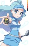  1girl ahoge blue_hair blue_headwear blue_skirt breasts buttons collared_shirt flipped_hair golf_club highres holding holding_golf_club holding_poke_ball kahili_(pokemon) light_blue_hair long_hair medium_breasts mole mole_under_eye omochi_(omotimotittona3) poke_ball pokemon pokemon_sm shirt short_sleeves skirt solo striped striped_shirt ultra_ball visor_cap 