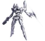  armored_core armored_core_6 blue_eyes full_body gun handgun highres holding holding_gun holding_weapon labombardier! mecha mecha_focus no_humans open_hand robot science_fiction shoulder_cannon simple_background standing steel_haze_ortus thrusters weapon white_background 