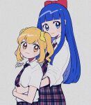  2girls :3 artist_name black_necktie black_skirt blue_eyes blunt_bangs blush bow collared_shirt commentary from_side hair_bow hug hug_from_behind kisaragi_yuu_(fallen_sky) long_hair looking_at_viewer matching_outfits multiple_girls necktie no_nose orange_eyes orange_hair pipimi plaid plaid_necktie plaid_skirt pleated_skirt poptepipic popuko red_bow shirt short_hair sidelocks simple_background skirt sleeves_rolled_up straight_hair symbol-only_commentary tatu two_side_up upper_body very_long_hair wavy_hair white_shirt 