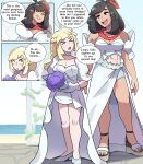  abs absurdres aged_up alternate_muscle_size black_hair blonde_hair dress english_commentary highres juno_son lillie_(pokemon) muscular muscular_female pokemon selene_(pokemon) thick_thighs thighs wedding_dress yuri 