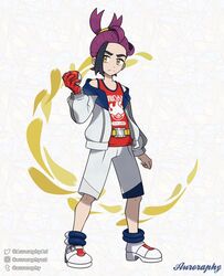  1boy auroraphy black_hair blueberry_academy_school_uniform colored_inner_hair gloves hair_pulled_back highres holding holding_poke_ball jacket kieran_(pokemon) mole mole_on_neck multicolored_hair official_alternate_costume official_alternate_hairstyle open_clothes open_jacket poke_ball poke_ball_(basic) pokemon pokemon_sv purple_hair red_gloves red_tank_top school_uniform shorts single_glove solo tank_top white_jacket white_shorts yellow_eyes 