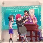  1boy 2girls arrow_(symbol) black_hair blue_hair blush braid brown_hair collared_shirt desk facial_hair glasses hairy highres hood hoodie how_long juliana_(pokemon) mature_male multicolored_hair multiple_girls muscular muscular_male mustache necktie pantyhose penny_(pokemon) pokemon pokemon_sv purple_necktie purple_shorts redhead round_eyewear saguaro_(pokemon) school_uniform see-through see-through_skirt shirt short_hair shorts side_braid skirt test_score_(paper) thick_arms thick_eyebrows two-tone_hair uva_academy_school_uniform whip 