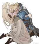  1boy 1girl black_cape blonde_hair blue_eyes blue_shirt breasts brown_gloves cape champion&#039;s_tunic_(zelda) closed_eyes commentary dress ear_piercing fingerless_gloves fingernails gloves hood hooded_cape hug kneeling link loli_bushi long_hair medium_breasts piercing princess_zelda shirt short_ponytail simple_background strapless strapless_dress the_legend_of_zelda the_legend_of_zelda:_breath_of_the_wild torn_clothes white_background white_dress 