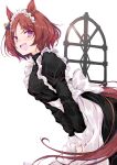  1girl :d alternate_costume animal_ears apron black_dress bob_cut brown_hair commentary_request dress enmaided flower_in_eye frilled_apron frills from_side horse_ears horse_girl juliet_sleeves long_sleeves looking_at_viewer looking_to_the_side maid maid_apron maid_headdress parted_bangs puffy_sleeves sakura_laurel_(umamusume) short_hair smile solo symbol_in_eye umamusume violet_eyes waist_apron white_apron yumesato_makura 