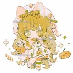 +_- 1girl animal_ears ankle_socks asymmetrical_legwear blonde_hair blush_stickers bow bowtie bucket buttons candy cat_ears chibi commentary floral_print food green_bow green_eyes green_footwear green_thighhighs hair_bow halloween halloween_bucket hat hat_bell hat_bow heterochromia holding holding_bucket jack-o&#039;-lantern_print long_hair looking_at_viewer lowres memuro miniskirt mismatched_legwear mismatched_pupils multicolored_thighhighs open_clothes open_robe orange_bow orange_bowtie orange_robe orange_thighhighs original parted_lips pink_socks pleated_skirt pom_pom_(clothes) robe shirt shoes simple_background single_sock single_thighhigh skirt skirt_set socks solo sparkle striped striped_bow striped_bowtie striped_thighhighs symbol-only_commentary thigh-highs twitter_username very_long_hair white_background white_headwear white_shirt white_skirt white_thighhighs yellow_eyes zettai_ryouiki 