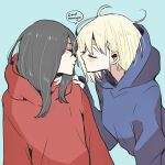  2girls black_hair blonde_hair blue_background blue_hoodie blush closed_eyes commentary english_text hand_on_another&#039;s_shoulder highres hood hood_down hoodie imminent_kiss inoue_takina long_hair lycoris_recoil messy_hair multiple_girls nishikigi_chisato red_hoodie sakurada_en short_hair simple_background speech_bubble upper_body yuri 