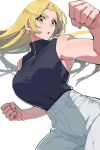  1girl :o black_shirt blonde_hair breasts cowboy_shot highres jip jujutsu_kaisen large_breasts lips long_hair long_sleeves pants shirt solo tsukumo_yuki_(jujutsu_kaisen) white_pants yellow_eyes 