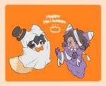 2boys animal_ears bandages black_eyes black_hair bow bowtie brown_hair chibi dark-skinned_male dark_skin e.g.o_(project_moon) fox_ears fox_tail ghost_costume hat heathcliff_(project_moon) limbus_company multiple_boys open_mouth orange_bow orange_bowtie project_moon smile tail top_hat uchimura_(rino0525) violet_eyes wolf_ears wolf_tail yi_sang_(project_moon) 