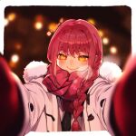  1girl black_necktie blurry blurry_background blush braid braided_ponytail chainsaw_man closed_mouth commentary depth_of_field english_commentary fur_trim gloves highres jacket lianbiglian long_sleeves looking_at_viewer makima_(chainsaw_man) meme necktie pov pov_cheek_warming_(meme) red_gloves red_scarf redhead ringed_eyes scarf sidelocks smile solo white_background yellow_eyes 