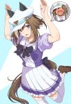  1girl animal_ears arms_up blue_eyes blush breasts brown_hair cheval_grand_(umamusume) commentary_request embarrassed hat highres horse_ears horse_girl horse_tail inu_(aerodog) looking_at_viewer medium_breasts open_mouth ribbon school_uniform simple_background solo tail thigh-highs tracen_school_uniform umamusume umapyoi_densetsu 