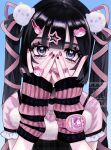  1girl animal_hair_ornament arm_warmers bandaid bandaid_on_hand black_hair commentary fur-trimmed_shirt fur_trim hair_ornament hair_ribbon hairclip hands_on_own_face hands_up highres jewelry layered_clothes long_hair looking_at_viewer min_(mts2314) nail_art nail_polish necklace ribbon ring shirt short_sleeves solo star_(symbol) star_hair_ornament straight-on striped_arm_warmers symbol-only_commentary tamagotchi twintails upper_body violet_eyes watch watch 