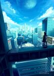  1girl animal_ears billboard blue_sky building city cityscape clouds commentary_request concept_art dated day english_commentary english_text highres jacket long_hair mixed-language_commentary moon original outdoors plant scenery sky skyline skyscraper solo sumiro tower tree 