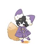  1boy animal_ears black_eyes black_hair boots chibi coat e.g.o_(project_moon) ear_covers fox_ears fox_tail fur-trimmed_boots fur_trim limbus_company project_moon purple_coat purple_footwear simple_background solo tail uchimura_(rino0525) white_background yi_sang_(project_moon) 