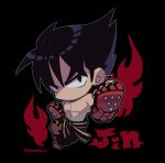  1boy black_background black_eyes black_hair character_name chibi clenched_hands closed_mouth kazama_jin kotorai male_focus navel no_nose signature simple_background solo studded_gloves tekken topless_male 