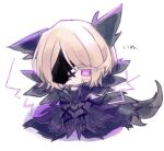  1girl animal_ears barbed_wire bdoqs blush chibi closed_mouth coat e.g.o_(project_moon) electricity faust_(project_moon) limbus_company looking_at_viewer project_moon purple_coat short_hair simple_background solo tail violet_eyes white_background white_hair wolf_ears wolf_tail 