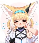  &gt;_&lt; 1girl 1other absurdres animal_ear_fluff animal_ears arknights bare_shoulders black_collar black_gloves blonde_hair blue_hairband blush braid braided_hair_rings cheek_pinching closed_eyes collar colored_tips commentary earpiece flying_sweatdrops fox_ears fox_girl frilled_sleeves frills gloves hair_rings hairband hands_up highres infection_monitor_(arknights) looking_at_viewer multicolored_hair mydeviant open_mouth pinching short_sleeves signature single_glove single_wrist_cuff solo suzuran_(arknights) teeth twin_braids two-tone_gloves two-tone_hair upper_body upper_teeth_only white_gloves white_hair wrist_cuffs 