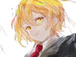  1girl black_coat blonde_hair coat collared_shirt don_quixote_(project_moon) limbus_company o_tyappa open_mouth project_moon shirt short_hair simple_background smile solo white_background white_shirt yellow_eyes 