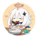  1girl blush_stickers chair chibi chopsticks clenched_hands closed_eyes eating food genshin_impact hair_ornament halo heart holding holding_food mechanical_halo noi_(nononoi339) paimon_(genshin_impact) plate solo table white_hair 