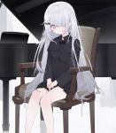  1girl black_dress desk dress grey_hair hair_ornament hair_over_one_eye hairclip highres instrument long_hair long_sleeves looking_at_viewer mzgr3454 noir_(noworld) noworld on_desk piano sitting sitting_on_desk 