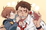  2boys bags_under_eyes blank_speech_bubble blue_shirt brown_hair child closed_eyes collared_shirt gegege_no_kitarou kitarou kitarou_tanjou:_gegege_no_nazo male_focus medama_oyaji mizuki_(gegege_no_kitarou) multiple_boys necktie nive_(dn) red_necktie scar scar_across_eye shirt short_hair speech_bubble standing_on_shoulder striped striped_vest teeth vest watch watch whispering_in_ear white_shirt 