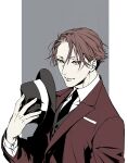  1boy black_headwear black_necktie black_vest brown_eyes brown_hair brown_jacket closed_mouth collared_shirt fingernails grey_background hand_up hat holding holding_clothes holding_hat jacket joker_game lapels light_smile long_sleeves looking_at_viewer male_focus messy_hair miyoshi_(joker_game) necktie shi646 shirt short_hair simple_background solo swept_bangs unworn_hat unworn_headwear upper_body vest waistcoat white_background white_shirt 