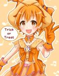 1girl bang_dream! blush brown_eyes cosplay fang fujiwara_hazuki_(cosplay) kitazawa_hagumi kurage_(pixiv8924796) musical_note ojamajo_doremi orange_hair solo witch_hat