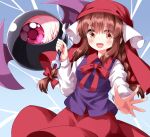  1girl bat_wings blue_background bow braid brown_eyes brown_hair commentary_request evil_eye_sigma gradient_background hair_bow highres holding holding_wrench long_sleeves looking_at_viewer purple_vest red_bow red_headwear red_skirt rika_(touhou) ruu_(tksymkw) skirt touhou touhou_(pc-98) twin_braids vest wings wrench 
