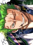  1boy a00xm green_hair grin highres japanese_clothes kimono looking_at_viewer male_focus official_alternate_costume one_piece portrait roronoa_zoro scar scar_across_eye short_hair sideburns sideways smile smoking smoking_pipe solo 
