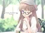  1girl arms_on_table blurry blurry_background braid brown_hair coffee_cup commentary_request cup disposable_cup english_text finger_to_mouth fujishima_megumi glasses grey_headwear hat heart highres link!_like!_love_live! long_hair love_live! on_chair one_eye_closed outdoors rainbow semi-rimless_eyewear shirt shushing sidelocks sitting soramizuki tree under-rim_eyewear violet_eyes white_shirt 