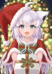  1girl ahoge animal_ears blue_eyes christmas_present dress fox_ears fox_girl fur-trimmed_dress fur-trimmed_headwear fur_trim gift grey_hair hat highres holding holding_gift hololive long_hair looking_at_viewer low_wings micex open_mouth red_dress red_headwear santa_dress santa_hat shirakami_fubuki smile solo virtual_youtuber wings 