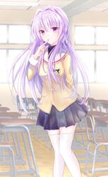  1girl arm_behind_back black_skirt blazer clannad classroom closed_mouth commentary feet_out_of_frame finger_to_mouth floating_hair fujibayashi_kyou hair_between_eyes hair_intakes hair_ribbon hand_up highres hikarizaka_private_high_school_uniform index_finger_raised indoors jacket light_blush long_hair long_sleeves looking_at_viewer miniskirt oramikainu pleated_skirt purple_hair ribbon sailor_collar school_uniform sidelocks skirt smile solo standing straight_hair thigh-highs tress_ribbon turtleneck very_long_hair violet_eyes white_ribbon white_sailor_collar white_thighhighs yellow_jacket zettai_ryouiki 