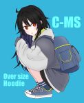  1girl air alternate_costume bag c-ms_(girls&#039;_frontline) character_name girls_frontline gotoo highres jacket long_hair looking_at_viewer mole mole_under_eye red_eyes shoes sneakers squatting 