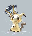  animal_focus black_eyes blue_gemstone commentary crown full_body gem grey_background highres himurohiromu mimikyu no_humans pokemon pokemon_(creature) simple_background solid_oval_eyes solo sparkle standing tilted_headwear 