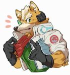  1boy aidemcc animal_ears bandana bandana_around_neck black_gloves commentary_request fox_boy fox_ears fox_mccloud fox_shadow_puppet furry furry_male gloves green_eyes highres looking_at_viewer male_focus notice_lines red_bandana scouter star_fox upper_body white_background 