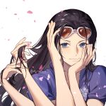  1girl black_hair blue_eyes extra_arms eyewear_on_head facing_viewer glasses hair_slicked_back hands_in_own_hair hands_on_own_face highres jyukawa nico_robin one_piece petals pink_petals portrait purple_shirt shirt simple_background solo sunglasses white_background 