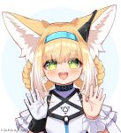  1girl absurdres animal_ear_fluff animal_ears arknights bare_shoulders black_collar black_gloves blonde_hair blue_hairband blush braid braided_hair_rings collar colored_tips commentary earpiece fox_ears fox_girl frilled_sleeves frills gloves green_eyes hair_rings hairband hands_up highres infection_monitor_(arknights) looking_at_viewer multicolored_hair mydeviant open_mouth short_sleeves signature single_glove single_wrist_cuff solo suzuran_(arknights) teeth twin_braids two-tone_gloves two-tone_hair upper_body upper_teeth_only white_gloves white_hair wrist_cuffs 